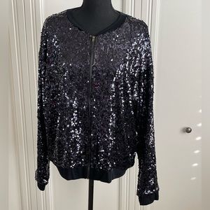 Black navy sequin zip up bomber jacket size medium